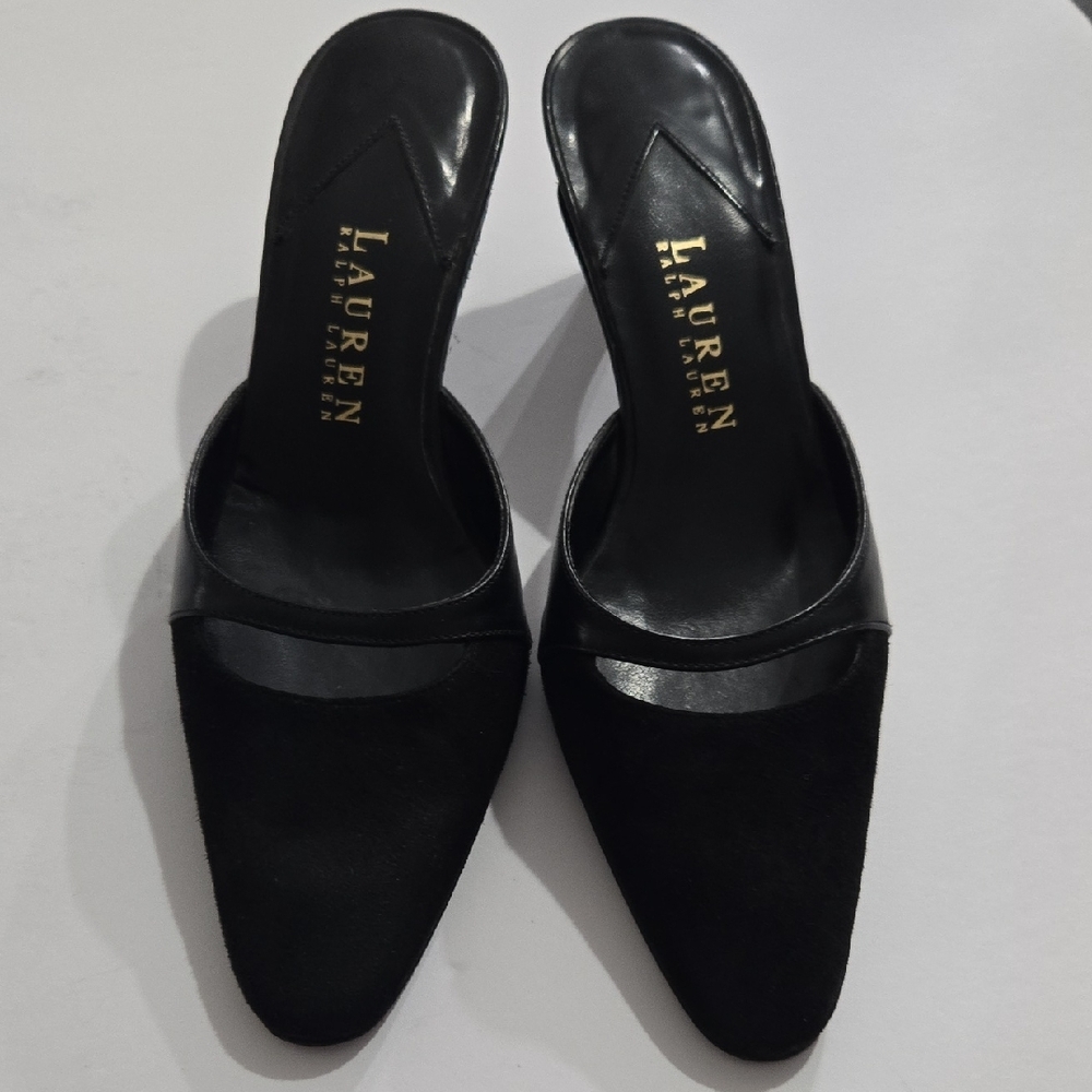 Lauren Ralph Lauren Women's 5.5 Black Suede & Leather Kitten Heel Mules - Picture 15 of 16